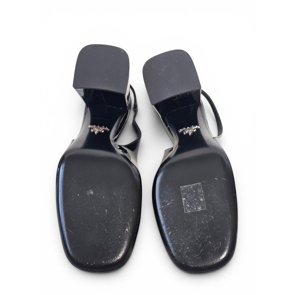 Prada Vernice Black Patent Leather Slingback Block Heel Pumps Triangle Logo 38 - Picture 9 of 11